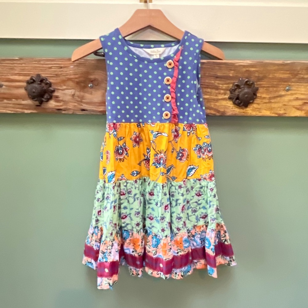 Matilda Jane Girls Size 6 Tiered Floral Polka Dot Dress Ruffle Be Kind Blue Mix